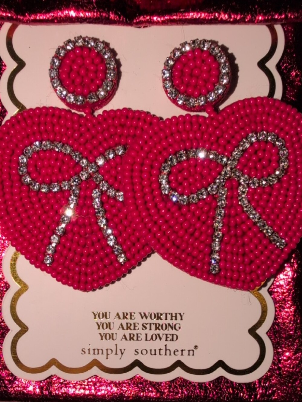 Simply Southern Pierced Red Beaded Heart Earrings with Rhinestone Bows - Picture 3 of 6